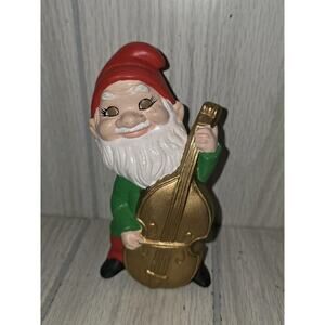 Vintage Christmas Gnome Elf Playing Bass Guitar Instrument Hand Painted Kitschy